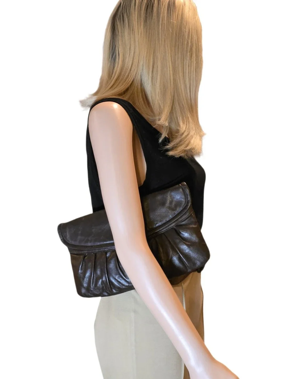 Vintage Mid- Century Brown Leather Ruched Clutch Bag EUC